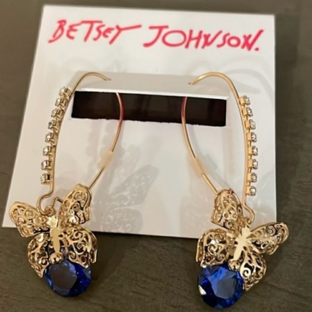 Betsey Johnson Gold Butterfly Blue Crystal Rhinestone Drop Dangle Earrings - Picture 4 of 6